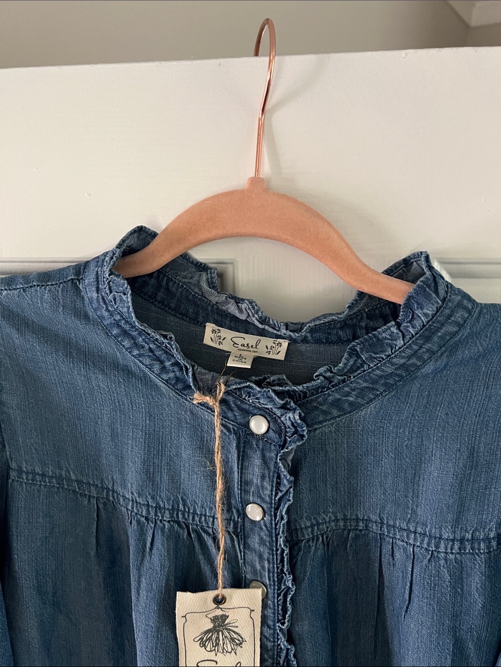 Easel Dark Denim Ruffle Top - Picture 2 of 5